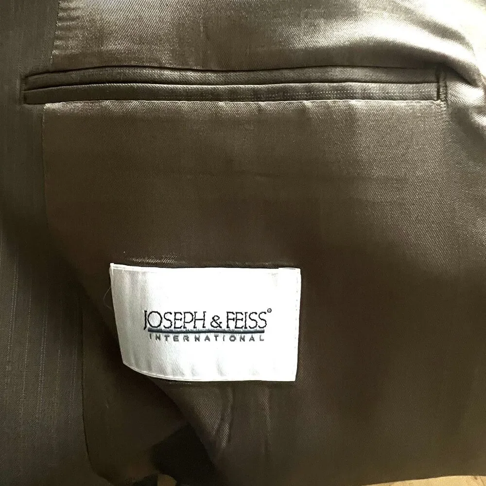JOSEPH & FEISS  Mens Sport Coat 44 R Brown Pinstripe Wool Jacket Blazer